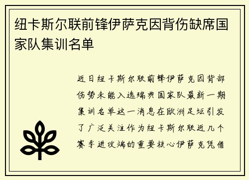 纽卡斯尔联前锋伊萨克因背伤缺席国家队集训名单