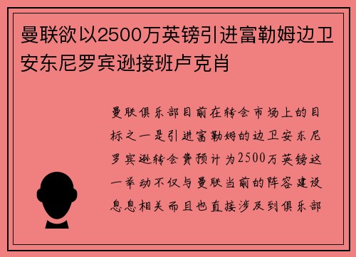 曼联欲以2500万英镑引进富勒姆边卫安东尼罗宾逊接班卢克肖