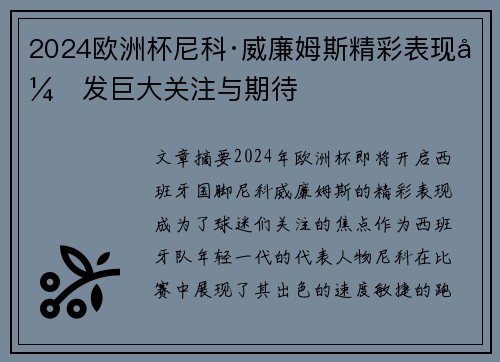 2024欧洲杯尼科·威廉姆斯精彩表现引发巨大关注与期待